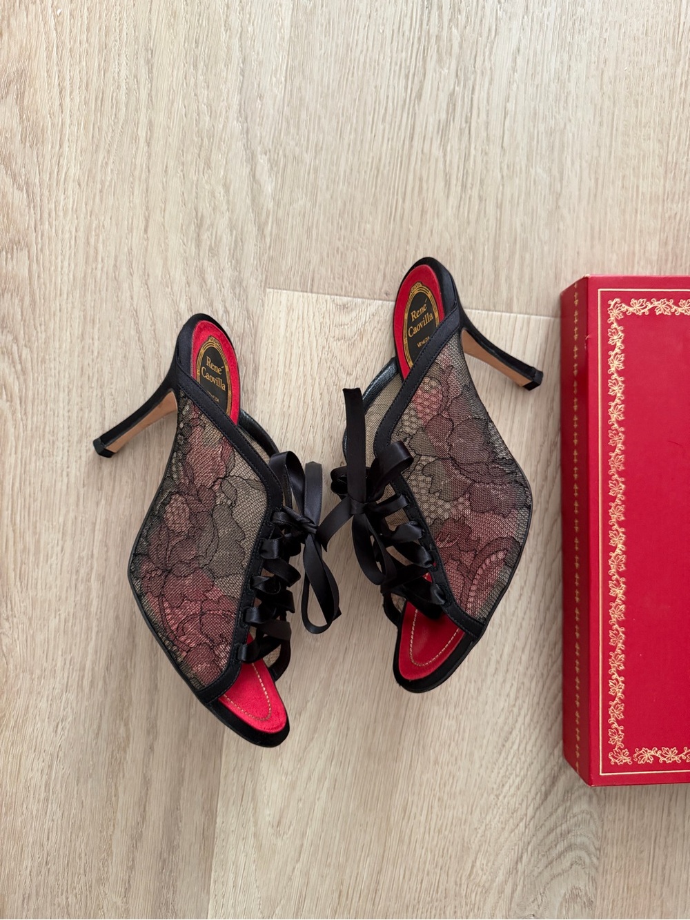 Rene Caovilla Lace Satin Ribbon lace heels